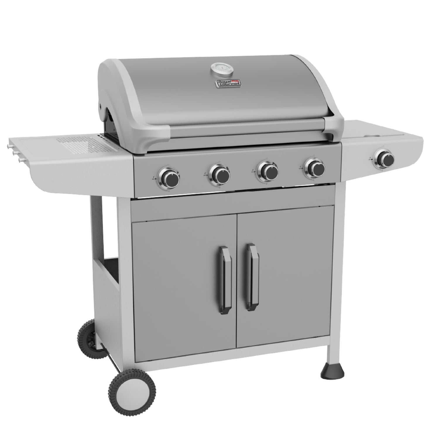 quemador de gas gris frontal, barbacoa con cuatro quemadores y mesa lateral